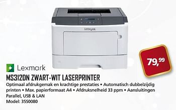 Aanbiedingen Lexmark ms312dn zwart-wit laserprinter - Lexmark - Geldig van 11/12/2016 tot 17/01/2017 bij ITprodeals