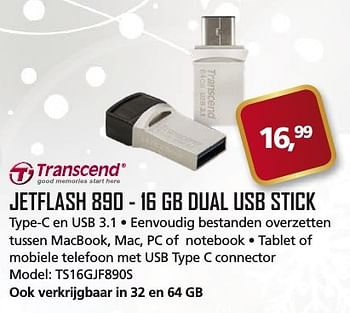 Aanbiedingen Jetflash 890 - 16 gb dual usb stick - Transcend - Geldig van 11/12/2016 tot 17/01/2017 bij ITprodeals