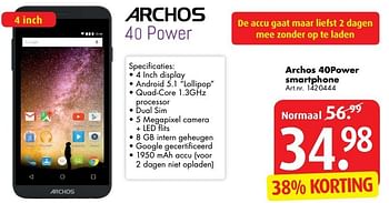 Aanbiedingen Archos 40power smartphone - Archos - Geldig van 26/12/2016 tot 29/01/2017 bij Bart Smit