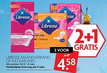 Aanbiedingen Libresse maandverband of inlegkruisjes - Libresse - Geldig van 01/01/2017 tot 07/01/2017 bij Deka Markt