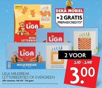 Aanbiedingen Liga milkbreak, letterbeertjes of evergreen - Liga - Geldig van 01/01/2017 tot 07/01/2017 bij Deka Markt
