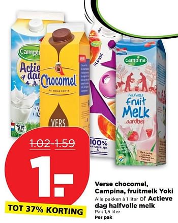 Aanbiedingen Verse chocomel, campina, fruitmelk yoki - Campina - Geldig van 01/01/2017 tot 07/01/2017 bij Plus
