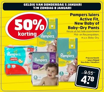 Aanbiedingen Pampers luiers active fit, new baby of baby-dry pants - Pampers - Geldig van 02/01/2017 tot 08/01/2017 bij Trekpleister