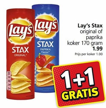 Aanbiedingen Lay`s stax original of paprika - Lay's - Geldig van 02/01/2017 tot 08/01/2017 bij Jan Linders