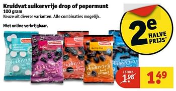 Aanbiedingen Kruidvat suikervrije drop of pepermunt - Huismerk - Kruidvat - Geldig van 02/01/2017 tot 08/01/2017 bij Kruidvat