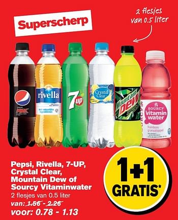 Aanbiedingen Pepsi, rivella, 7-up, crystal clear, mountain dew of sourcy vitaminwater - Huismerk - Hoogvliet - Geldig van 04/01/2017 tot 10/01/2017 bij Hoogvliet