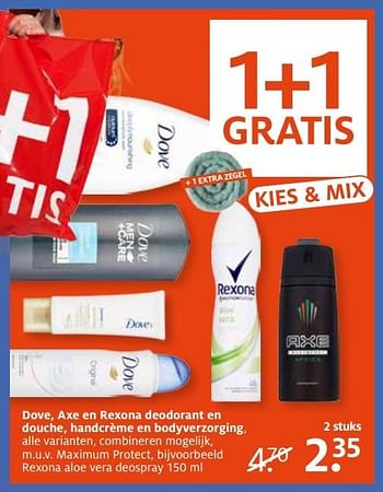 Aanbiedingen Dove, axe en rexona deodorant en douche, handcrème en bodyverzorging - Axe - Geldig van 09/01/2017 tot 15/01/2017 bij Etos