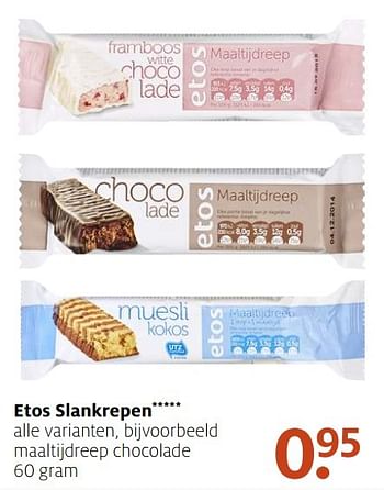 Aanbiedingen Etos slankrepen maaltijdreep chocolade - Huismerk - Etos - Geldig van 09/01/2017 tot 15/01/2017 bij Etos