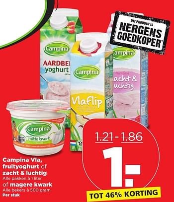 Aanbiedingen Campina vla, fruityoghurt of zacht + luchtig of magere kwark - Campina - Geldig van 08/01/2017 tot 14/01/2017 bij Plus