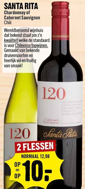 Aanbiedingen Santa rita chardonnay of cabernet sauvignon - Rode wijnen - Geldig van 08/01/2017 tot 15/01/2017 bij Dirk III