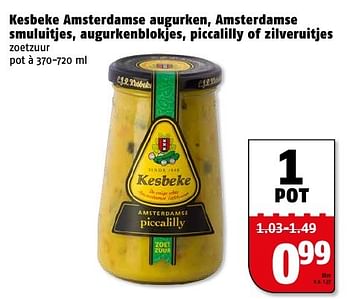 Aanbiedingen Kesbeke amsterdamse augurken, amsterdamse smuluitjes, augurkenblokjes, piccalilly of zilveruitjes - Kesbeke - Geldig van 09/01/2017 tot 15/01/2017 bij Poiesz