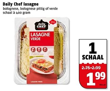 Aanbiedingen Daily chef lasagne bolognese, bolognese pittig of verde - Daily chef - Geldig van 09/01/2017 tot 15/01/2017 bij Poiesz