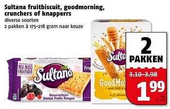 Aanbiedingen Sultana fruitbiscuit, goodmorning, crunchers of knapperrs - Sultana - Geldig van 09/01/2017 tot 15/01/2017 bij Poiesz
