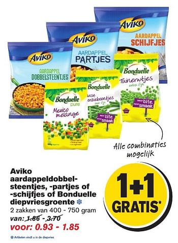 Aanbiedingen Aviko aardappeldobbelsteentjes, -partjes of -schijfjes of bonduelle diepvriesgroente - Huismerk - Hoogvliet - Geldig van 11/01/2017 tot 17/01/2017 bij Hoogvliet