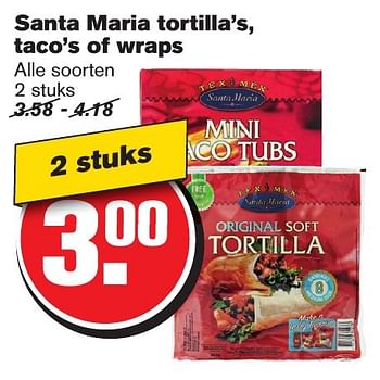 Aanbiedingen Santa maria tortilla`s, taco`s of wraps - Santa Maria - Geldig van 11/01/2017 tot 17/01/2017 bij Hoogvliet