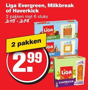 Aanbiedingen Liga evergreen, milkbreak of haverkick - Liga - Geldig van 11/01/2017 tot 17/01/2017 bij Hoogvliet