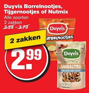 Aanbiedingen Duyvis borrelnootjes, tijgernootjes of nutmix - Duyvis - Geldig van 11/01/2017 tot 17/01/2017 bij Hoogvliet