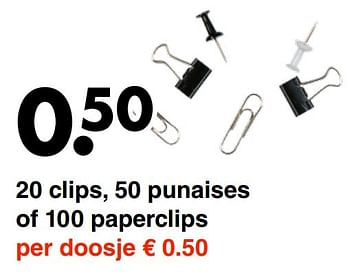 Aanbiedingen 20 clips, 50 punaises of 100 paperclips - Huismerk - Wibra - Geldig van 09/01/2017 tot 21/01/2017 bij Wibra