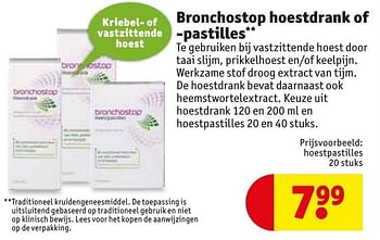 Aanbiedingen Bronchostop hoestdrank of -pastilles - Bronchostop - Geldig van 10/01/2017 tot 22/01/2017 bij Kruidvat