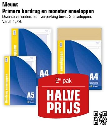 Aanbiedingen Primera bordrug en monster enveloppen - Huismerk - Primera - Geldig van 08/01/2017 tot 22/01/2017 bij Primera