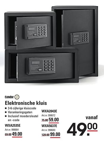 Aanbiedingen Elektronische kluis wxa2535e - Condor - Geldig van 05/01/2017 tot 23/01/2017 bij Sligro