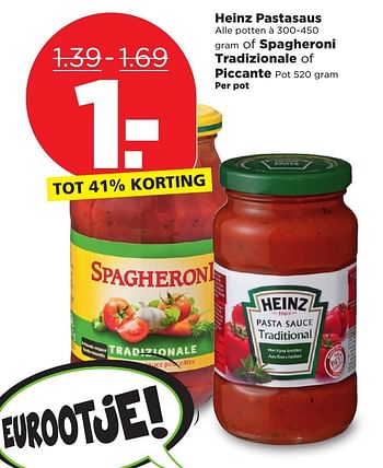 Aanbiedingen Heinz pastasaus of spagheroni tradizionale of piccante - Heinz - Geldig van 15/01/2017 tot 21/01/2017 bij Plus