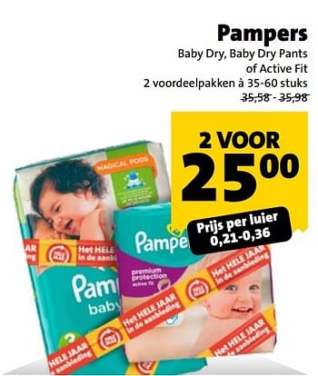 Aanbiedingen Pampers baby dry, baby dry pants of active fit - Pampers - Geldig van 01/01/2017 tot 31/01/2017 bij Jumbo Supermarkten