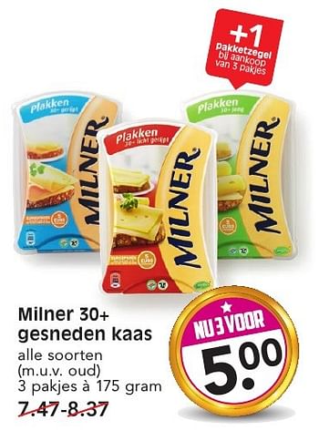 Aanbiedingen Milner 30+ gesneden kaas - Milner - Geldig van 15/01/2017 tot 21/01/2017 bij Em-té