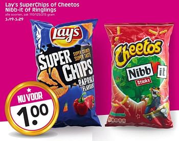 Aanbiedingen Lay`s superchips of cheetos nibb-it of ringlings - Lay's - Geldig van 15/01/2017 tot 21/01/2017 bij Em-té