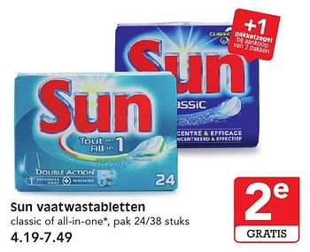 Aanbiedingen Sun vaatwastabletten classic of all-in-one - Sun - Geldig van 15/01/2017 tot 21/01/2017 bij Em-té