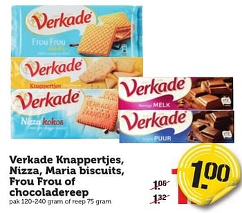 Aanbiedingen Verkade knappertjes, nizza, maria biscuits, frou frou of chocoladereep - Verkade - Geldig van 16/01/2017 tot 22/01/2017 bij Coop