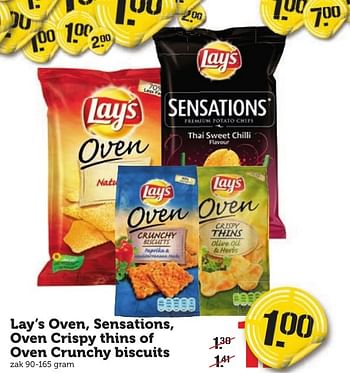 Aanbiedingen Lay`s oven, sensations, oven crispy thins of oven crunchy biscuits - Lay's - Geldig van 16/01/2017 tot 22/01/2017 bij Coop