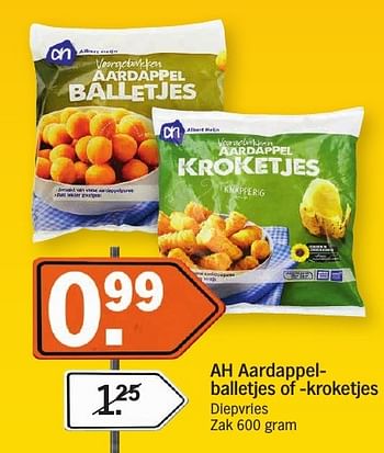 Aanbiedingen Ah aardappelballetjes of -kroketjes - Huismerk - Albert Heijn - Geldig van 16/01/2017 tot 22/01/2017 bij Albert Heijn