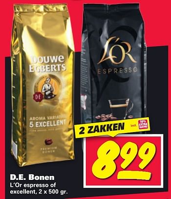 Aanbiedingen D.e. bonen l`or espresso of excellent, - Douwe Egberts - Geldig van 16/01/2017 tot 22/01/2017 bij Nettorama