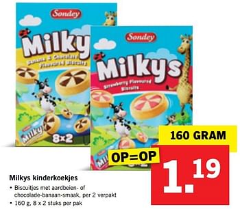 Aanbiedingen Milkys kinderkoekjes - Sondey - Geldig van 16/01/2017 tot 22/01/2017 bij Lidl