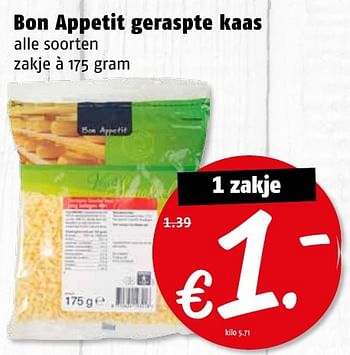 Aanbiedingen Bon appetit geraspte kaas - Bon Appetit - Geldig van 16/01/2017 tot 22/01/2017 bij Poiesz