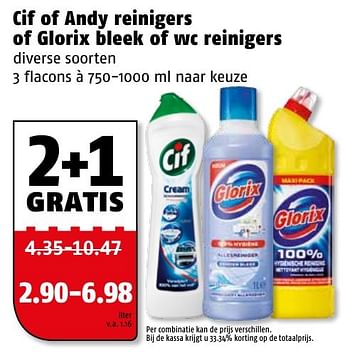 Aanbiedingen Cif of andy reinigers of glorix bleek of wc reinigers - Glorix - Geldig van 16/01/2017 tot 22/01/2017 bij Poiesz