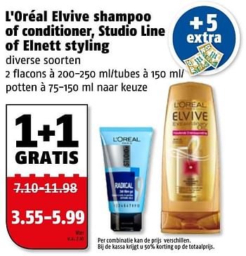 Aanbiedingen L`oréal elvive shampoo of conditioner, studio line of elnett styling - L'Oreal Paris - Geldig van 16/01/2017 tot 22/01/2017 bij Poiesz