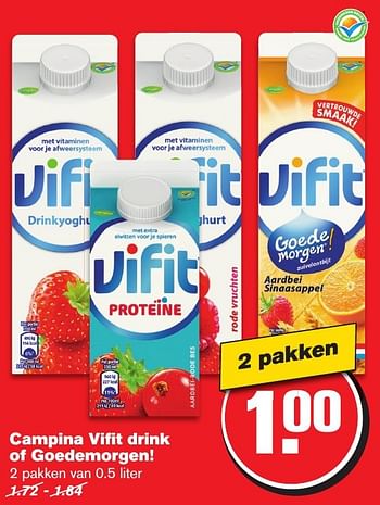 Aanbiedingen Campina vifi t drink of goedemorgen - Campina - Geldig van 18/01/2017 tot 24/01/2017 bij Hoogvliet