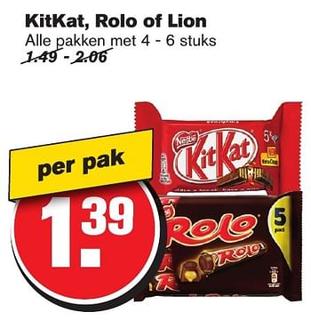 Aanbiedingen Kitkat, rolo of lion - Nestlé - Geldig van 18/01/2017 tot 24/01/2017 bij Hoogvliet