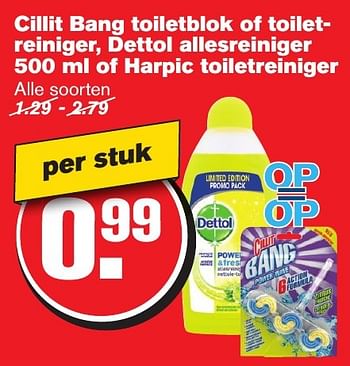 Aanbiedingen Cillit bang toiletblok of toiletreiniger, dettol allesreiniger of harpic toiletreiniger - Dettol - Geldig van 18/01/2017 tot 24/01/2017 bij Hoogvliet