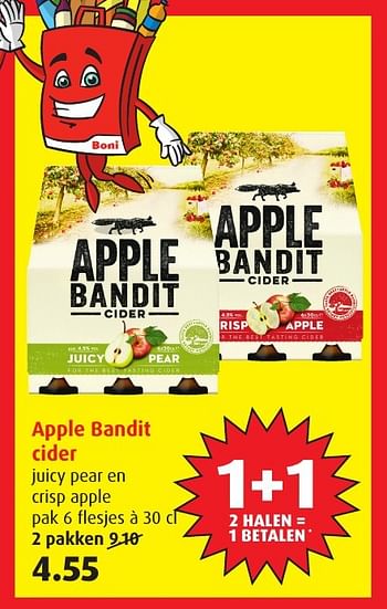 Aanbiedingen Apple bandit cider juicy pear en crisp apple - apple bandit  - Geldig van 18/01/2017 tot 24/01/2017 bij Boni Supermarkt