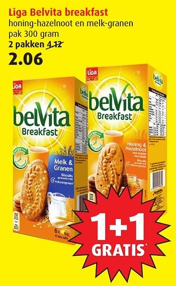 Aanbiedingen Liga belvita breakfast honing-hazelnoot en melk-granen - Liga - Geldig van 18/01/2017 tot 24/01/2017 bij Boni Supermarkt