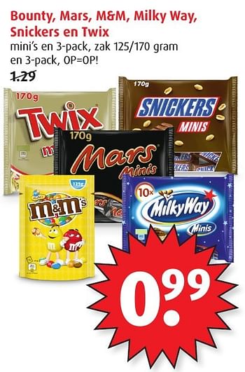 Aanbiedingen Bounty, mars, m+m, milky way, snickers en twix - Mars Snacks - Geldig van 18/01/2017 tot 24/01/2017 bij Boni Supermarkt
