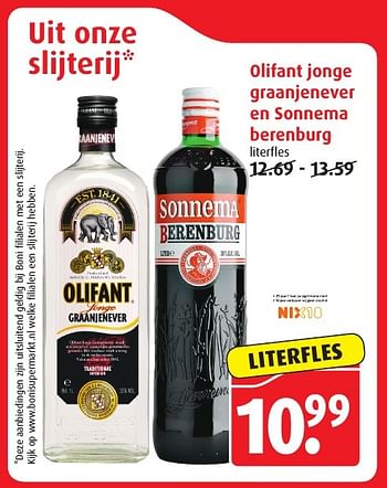 Aanbiedingen Olifant jonge graanjenever en sonnema berenburg - Huismerk - Boni Supermarkt - Geldig van 18/01/2017 tot 24/01/2017 bij Boni Supermarkt