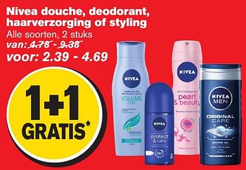 Aanbiedingen Nivea douche, deodorant, haarverzorging of styling - Nivea - Geldig van 18/01/2017 tot 24/01/2017 bij Hoogvliet