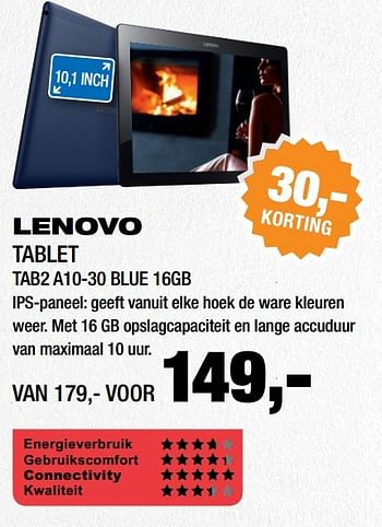 Aanbiedingen Lenovo tablet tab2 a10-30 blue 16gb - Lenovo - Geldig van 15/01/2017 tot 29/01/2017 bij Electro World