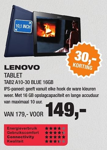 Aanbiedingen Lenovo tablet tab2 a10-30 blue 16gb - Lenovo - Geldig van 16/01/2017 tot 29/01/2017 bij Electro World