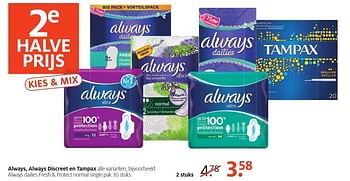 Aanbiedingen Always, always discreet en tampax dailies fresh + protect normal single - Always - Geldig van 16/01/2017 tot 29/01/2017 bij Etos