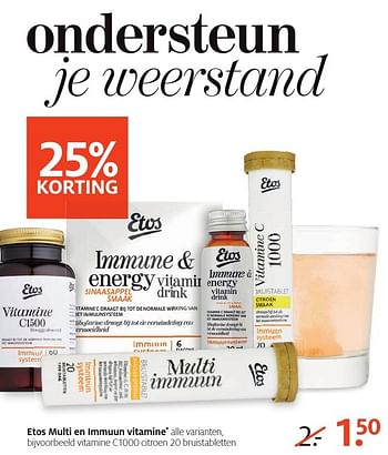 Aanbiedingen Etos multi en immuun vitamine c1000 citroen - Huismerk - Etos - Geldig van 16/01/2017 tot 29/01/2017 bij Etos